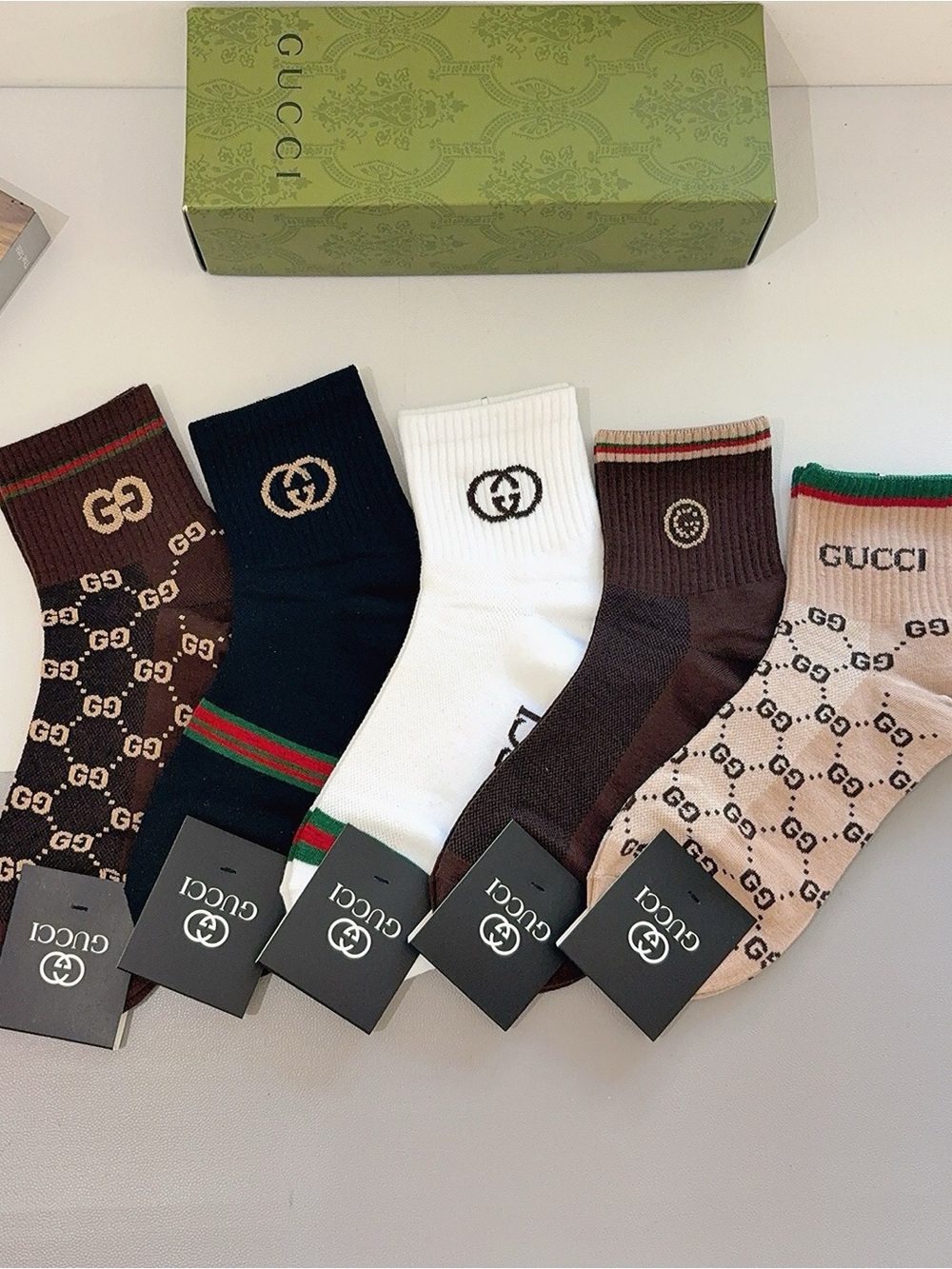 Gucci Multicolor Crew Sock Set - Brown, Black, White, Beige, Green